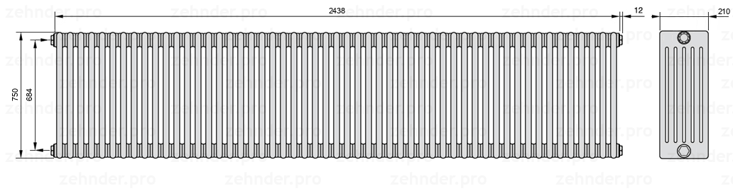 Схема (чертеж) Радиатор Zehnder Charleston 6075/53 №1270 Белый глянцевый RAL 9016